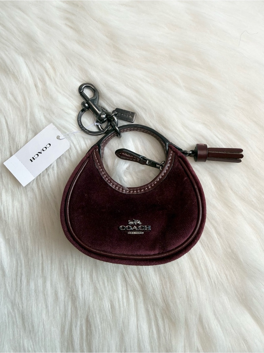 Coach Mini Carmen Bag Charm Keychain Velvet Leather Gunmetal Burgundy CCF19 New